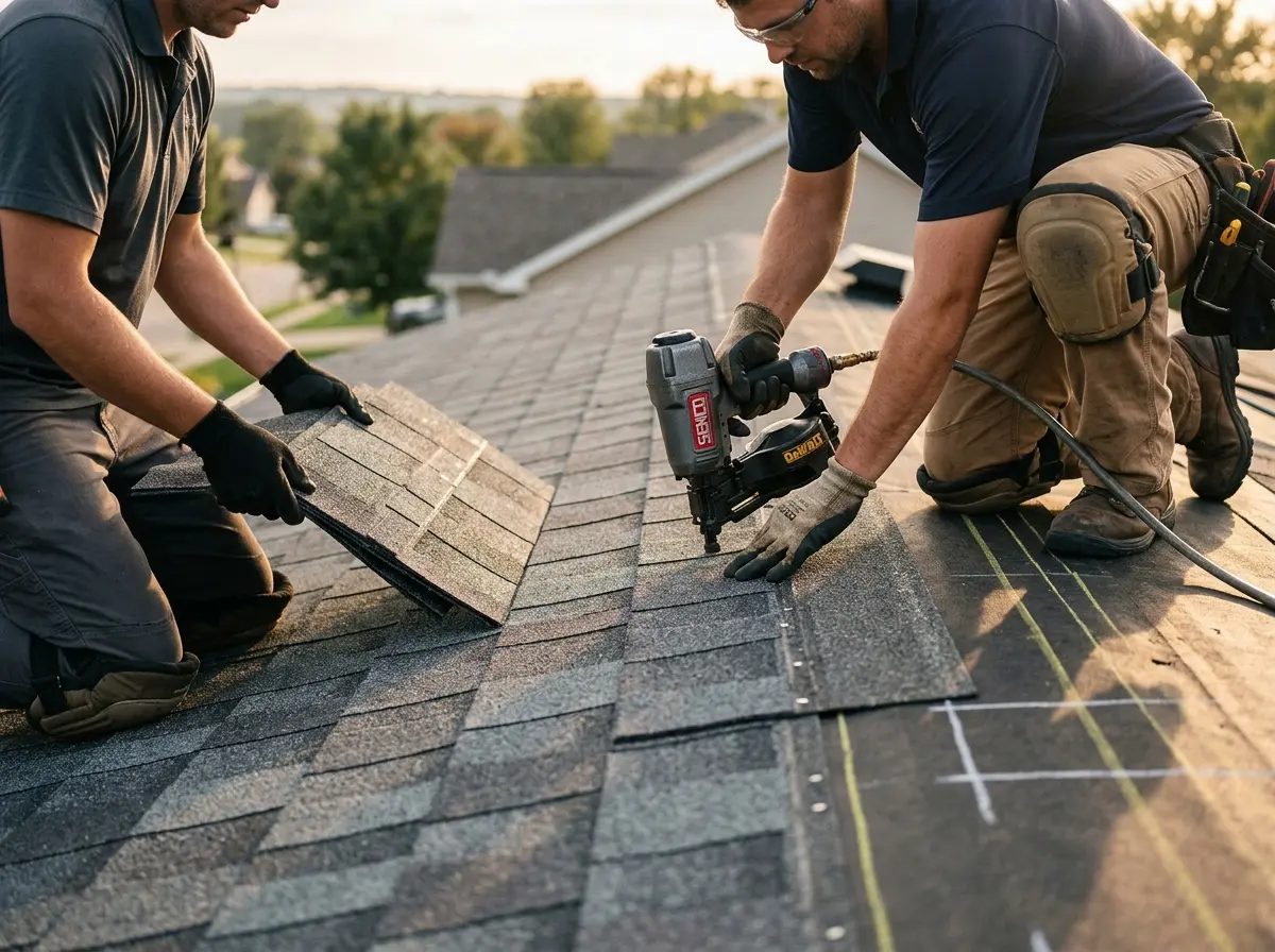 Professional roofer working on a residential roof in Mead